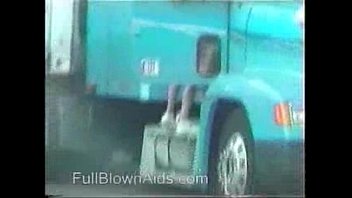 Very girl pissing truck